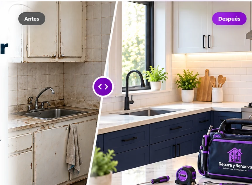 Ejemplo visual de cocina antes y después de una mejora del hogar